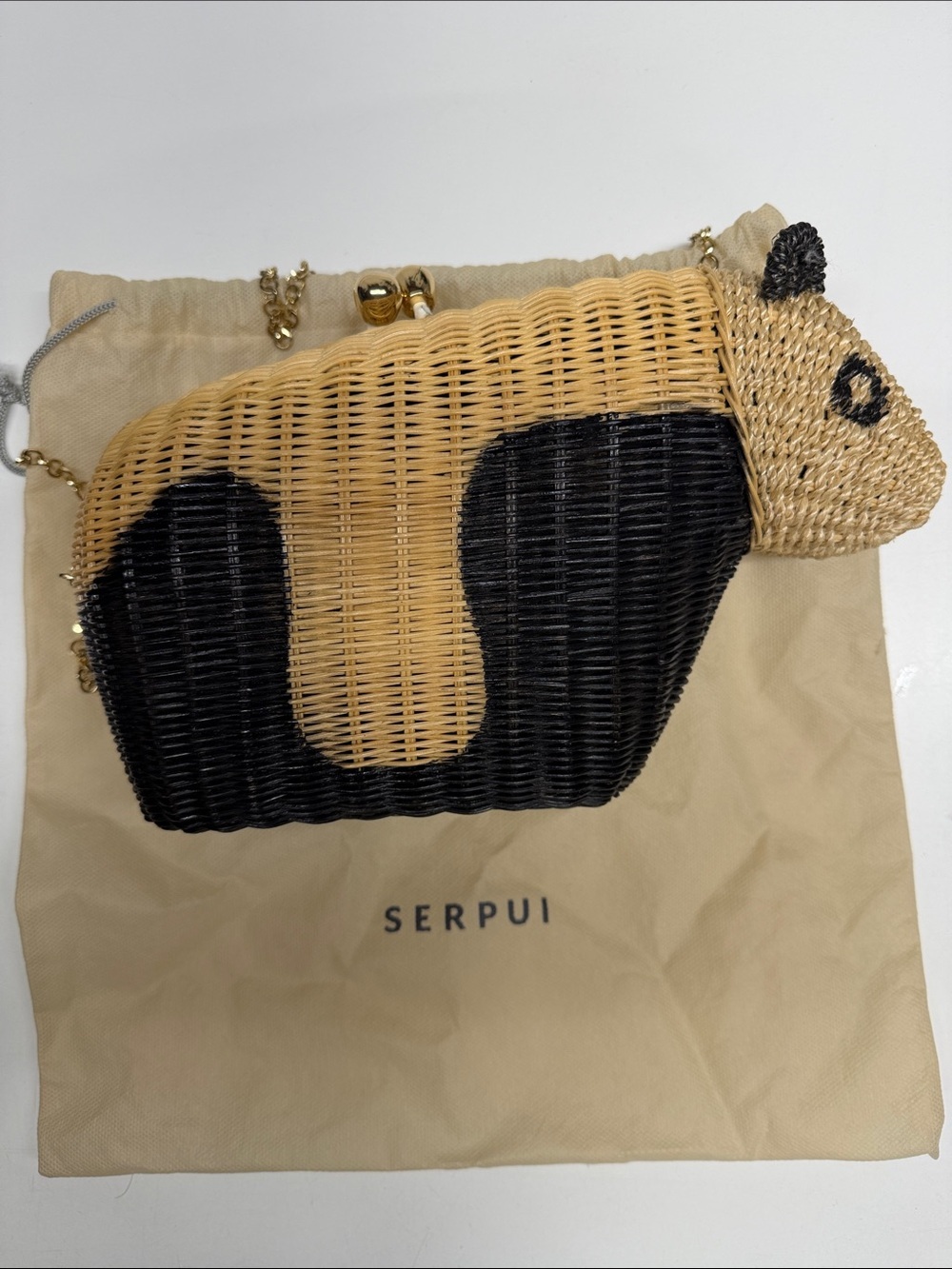 Serpui Wicker Panda Animal Bag Shoulder Purse Chain Strap or Clutch Tan Black